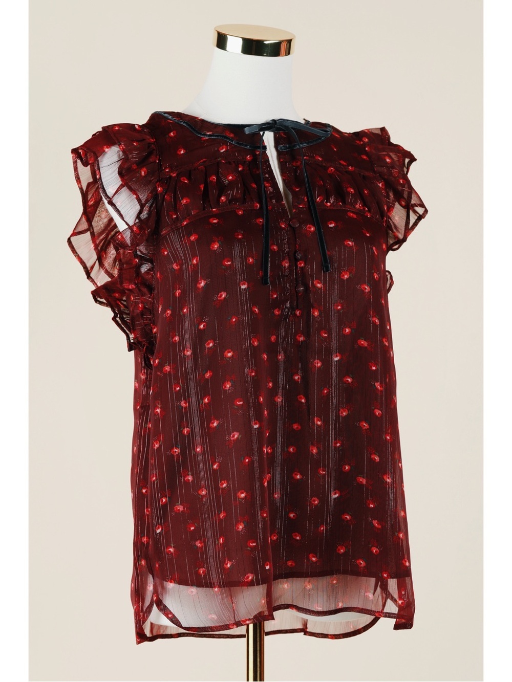 Sz S Loft Floral Burgundy Shimmer Ruffle Sleeve Tie Neck Button Down Blouse NWT